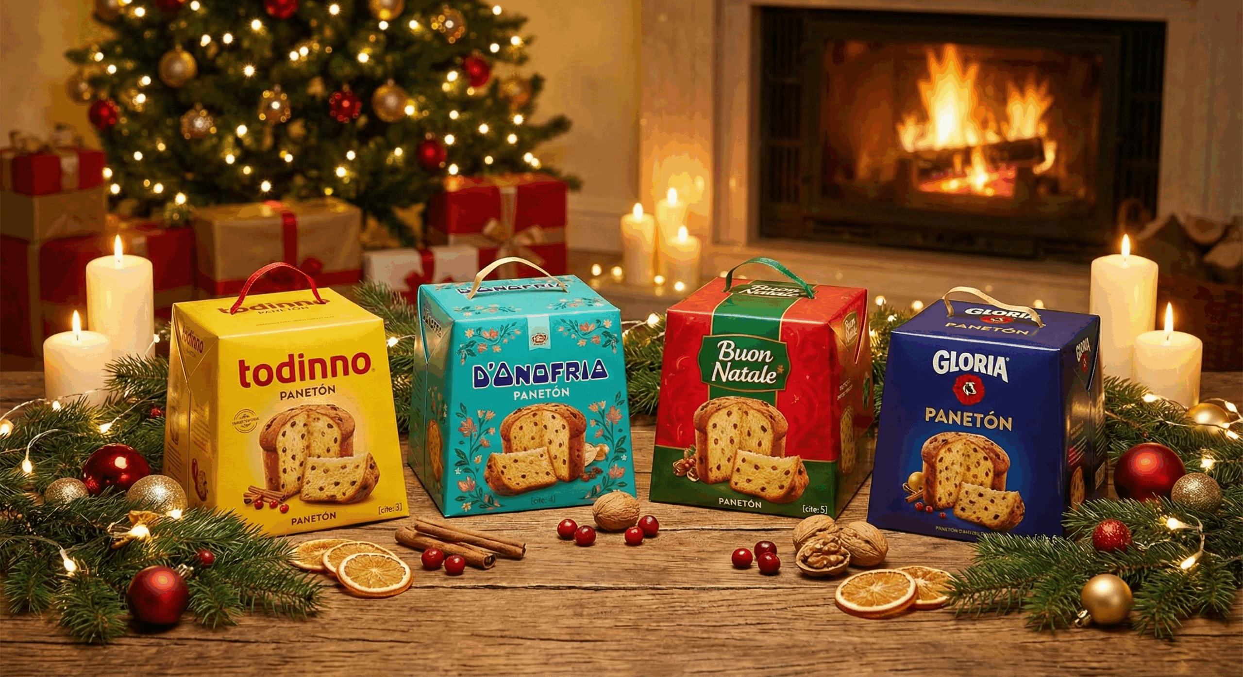 bodegón de cuatro panetones de las principales marcas peruanas con el árbol de fondo