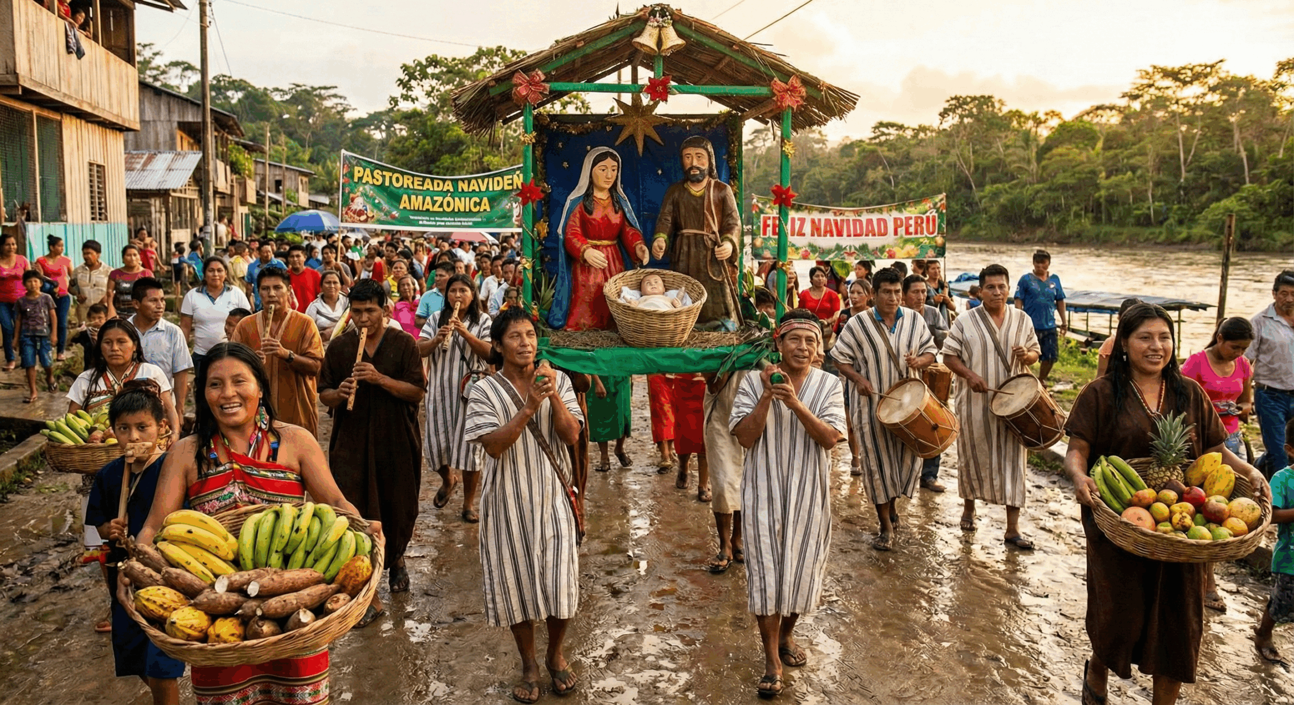 imagen de una procesion navideña tradicional shipibo donde cargan un nacimiento y algunas canastas con frutas y alimentos tracionales como ofrenda