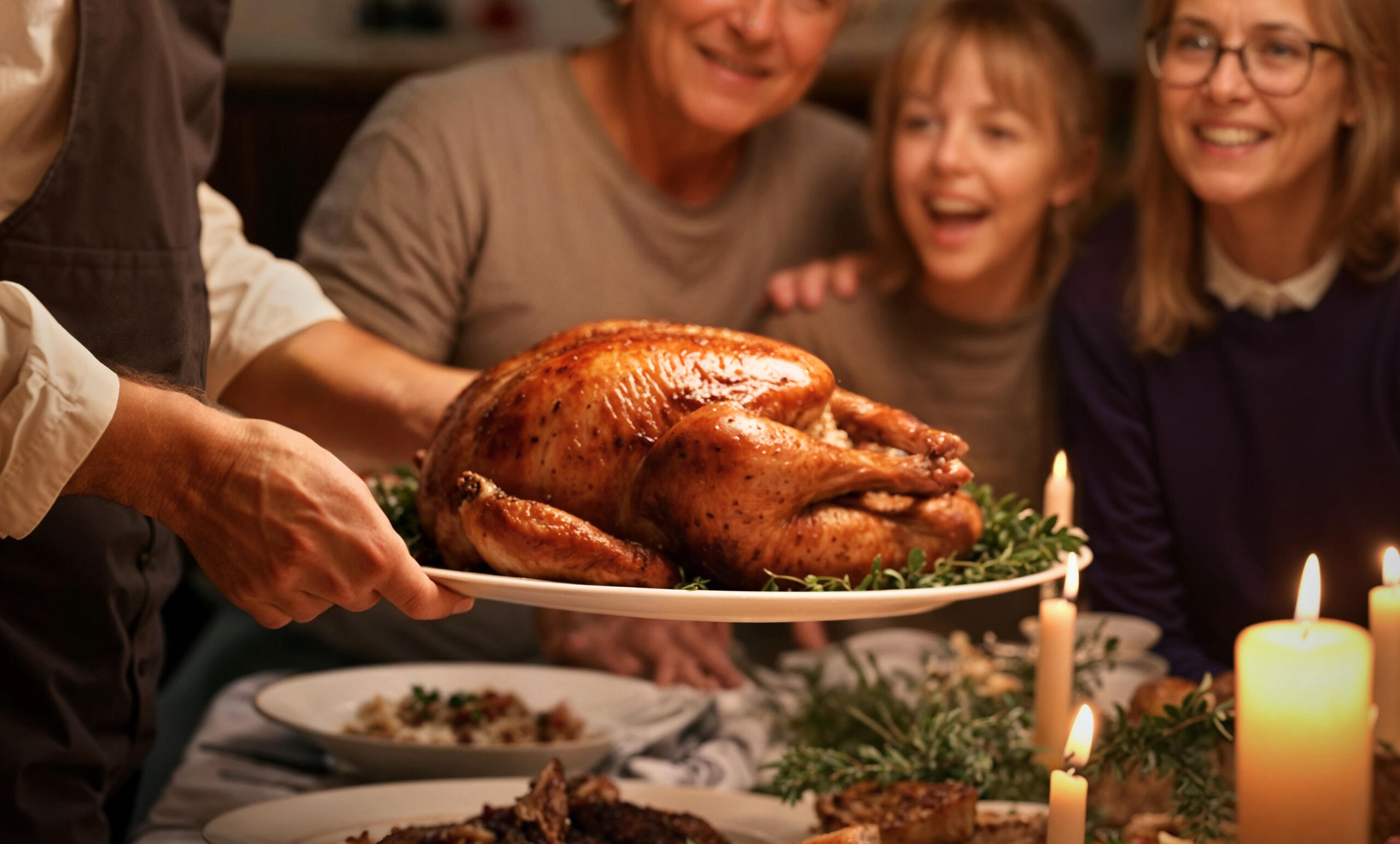 toma detalle de unas manos sosteniendo una bandeja de pavo recién horneado se ven unas velas alrededor parte de la mesa y tres rostros sonrientes de la familia en desenfoque como parte del fondo