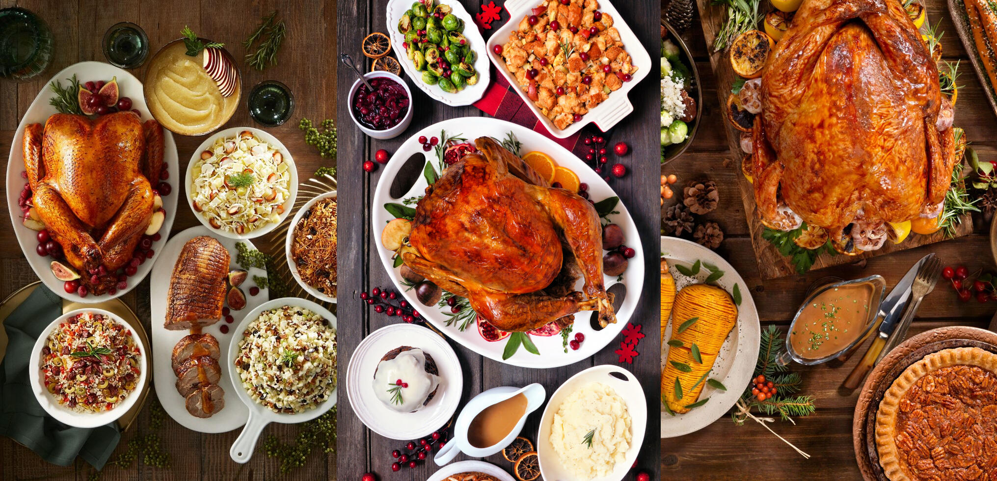 collage de diferentes platos con pavos horneados y guarniciones diferentes
