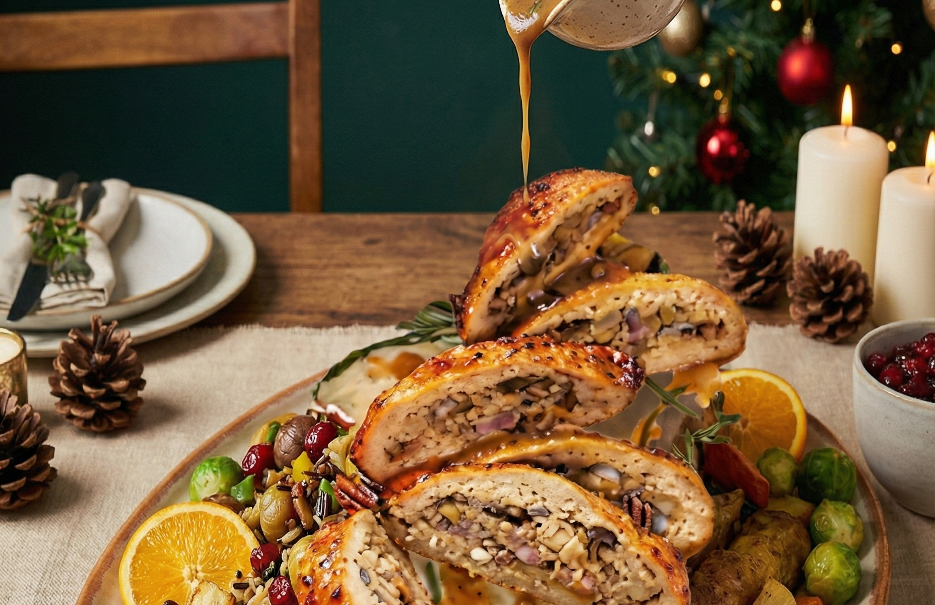 toma detalle de un pavo vegano en plano con una jarrita de aderezo echando un chorro