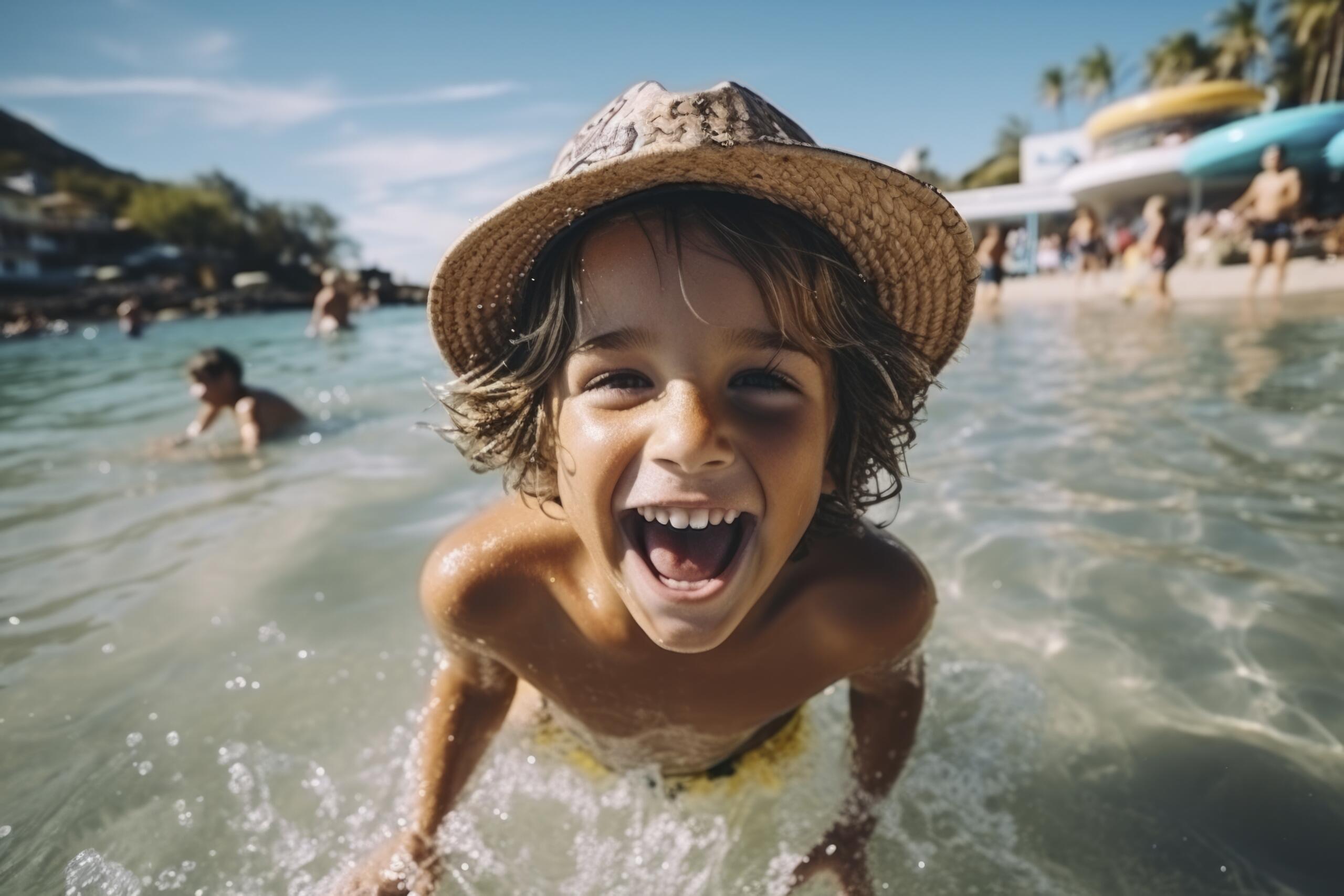niño sonriente mirando a la cámara en medio del agua