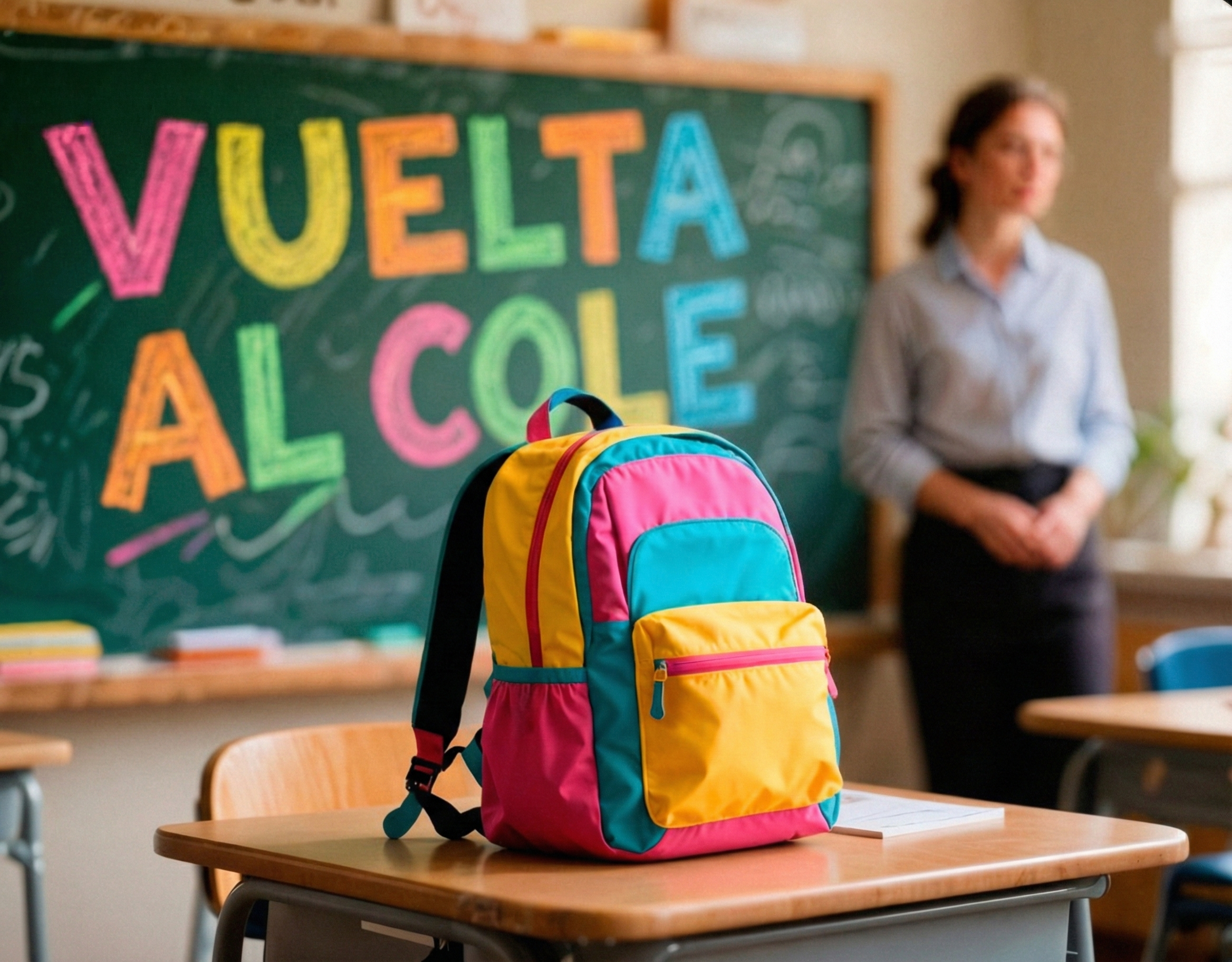 mochila colorida sobre carpeta de colegio en primer plano con vista de un fondo desenfocado de una profesora y una pizarra con VUELTA AL COLE escrito con tizas de colores