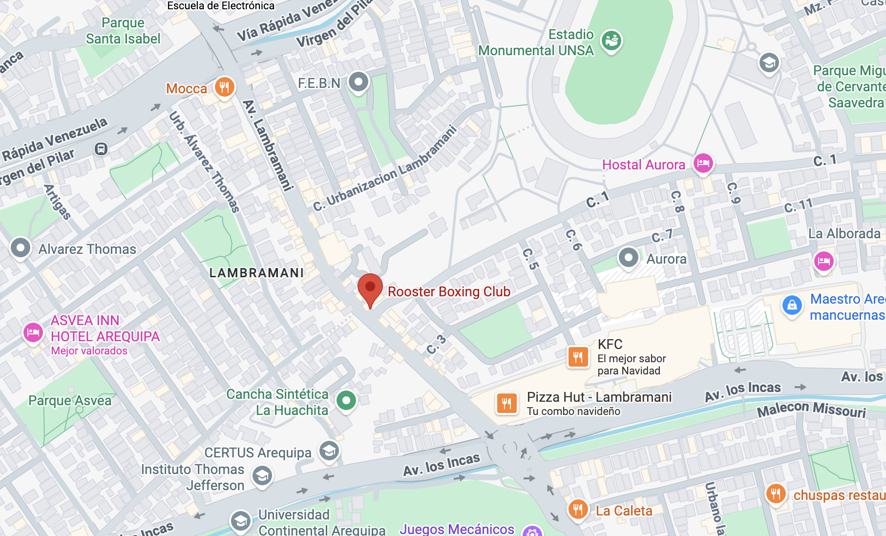 Ubicación mapa Rooster Boxing Club: Av. Lambramani 175 Arequipa