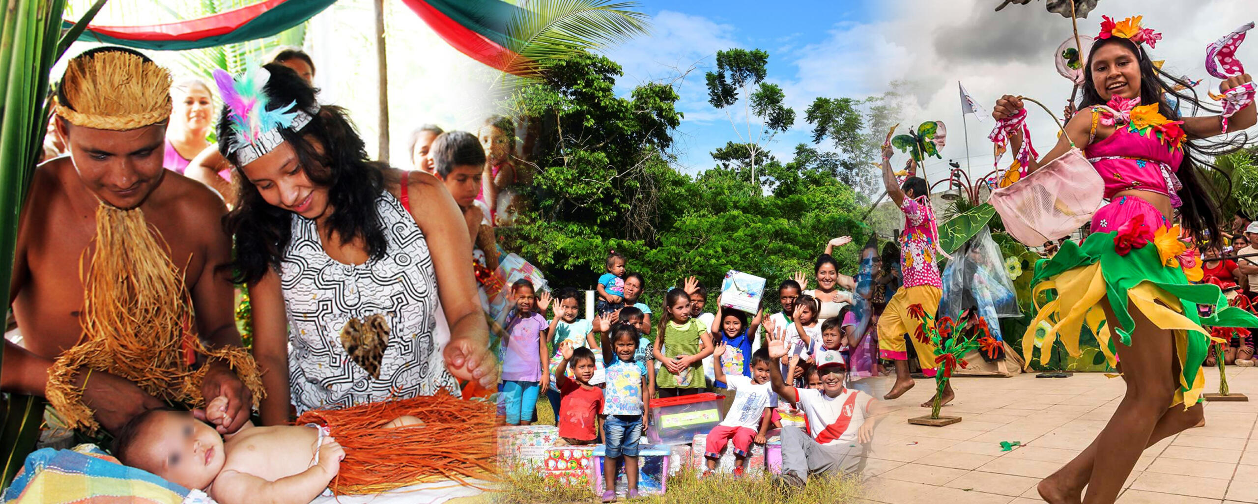 collage de tradiciones y representaciones artísticas amazónicas con tres imágenes