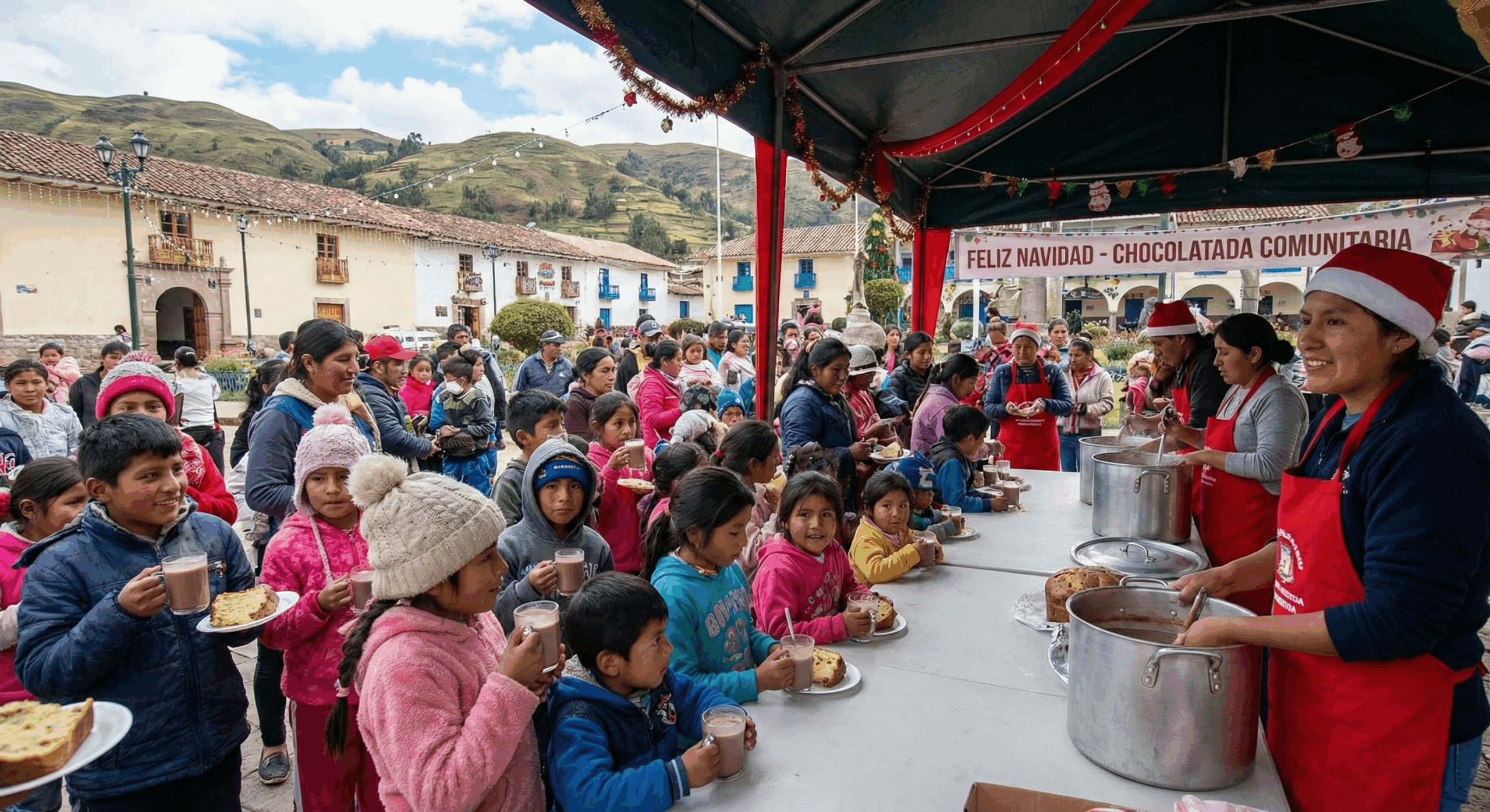toma de una plaza de un pueblito peruano donde se celebra una chocolatada comunitaria con niños y adultos recibiendo su taza de chocolate caliente y panetón