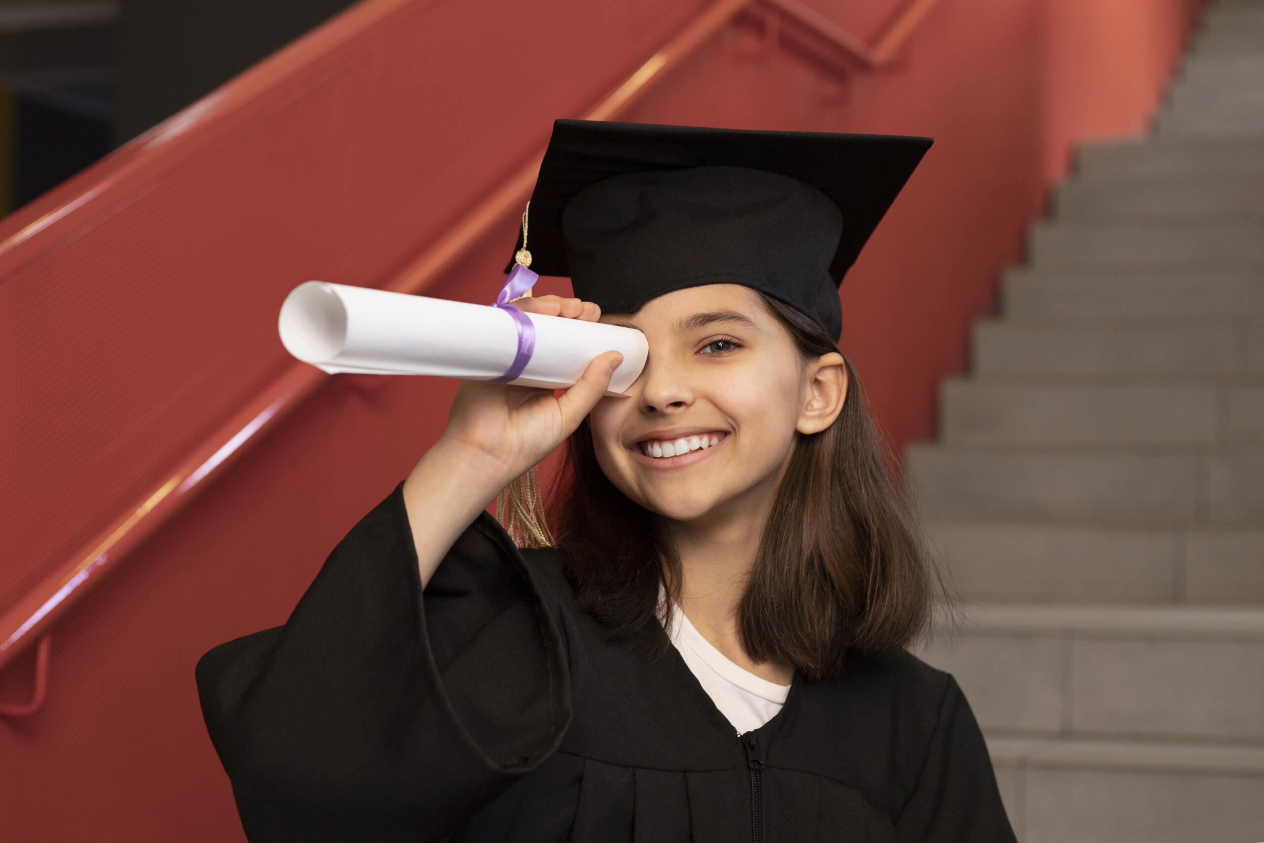 niña usando su certificado en tubito como un binocular mientras mira sonriente a la cámara con toga y birrete