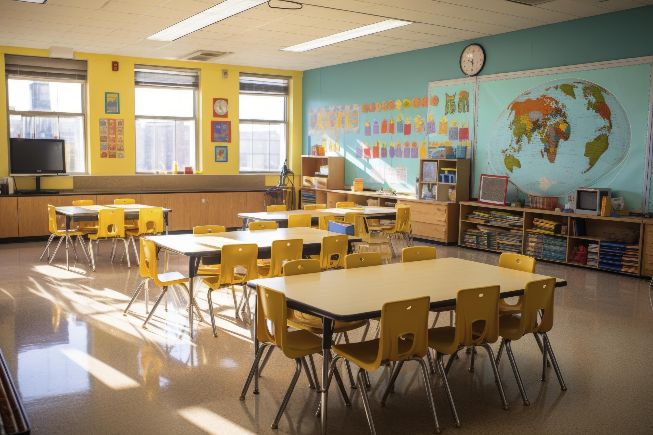 aula grande vacia de niños de primaria con decoraciones y mesas ordenadas