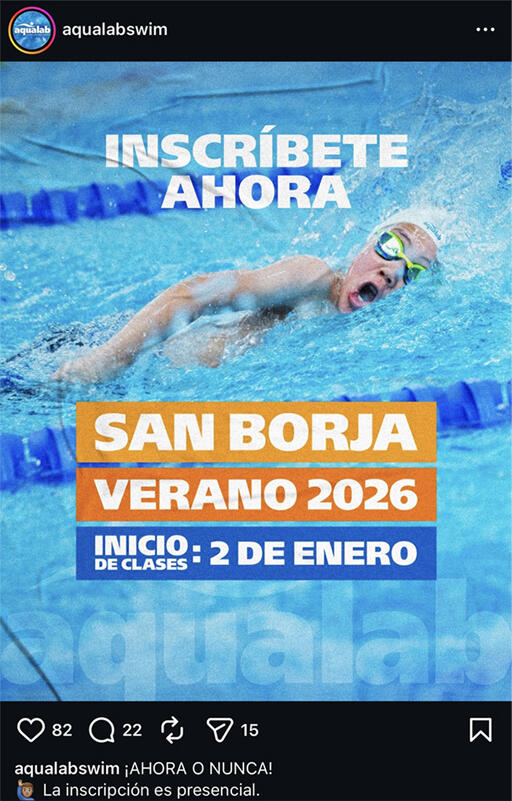 screenshot de un post de Instagram de la academia AquaLab anunciando inicios de clase 2 de enero en los talleres de verano 2026