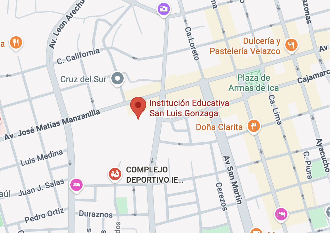 screenshot de ubicación de Piscina San Luisiana: Esquina Avenida J.J. Elias con Calle Chiclayo - Ica