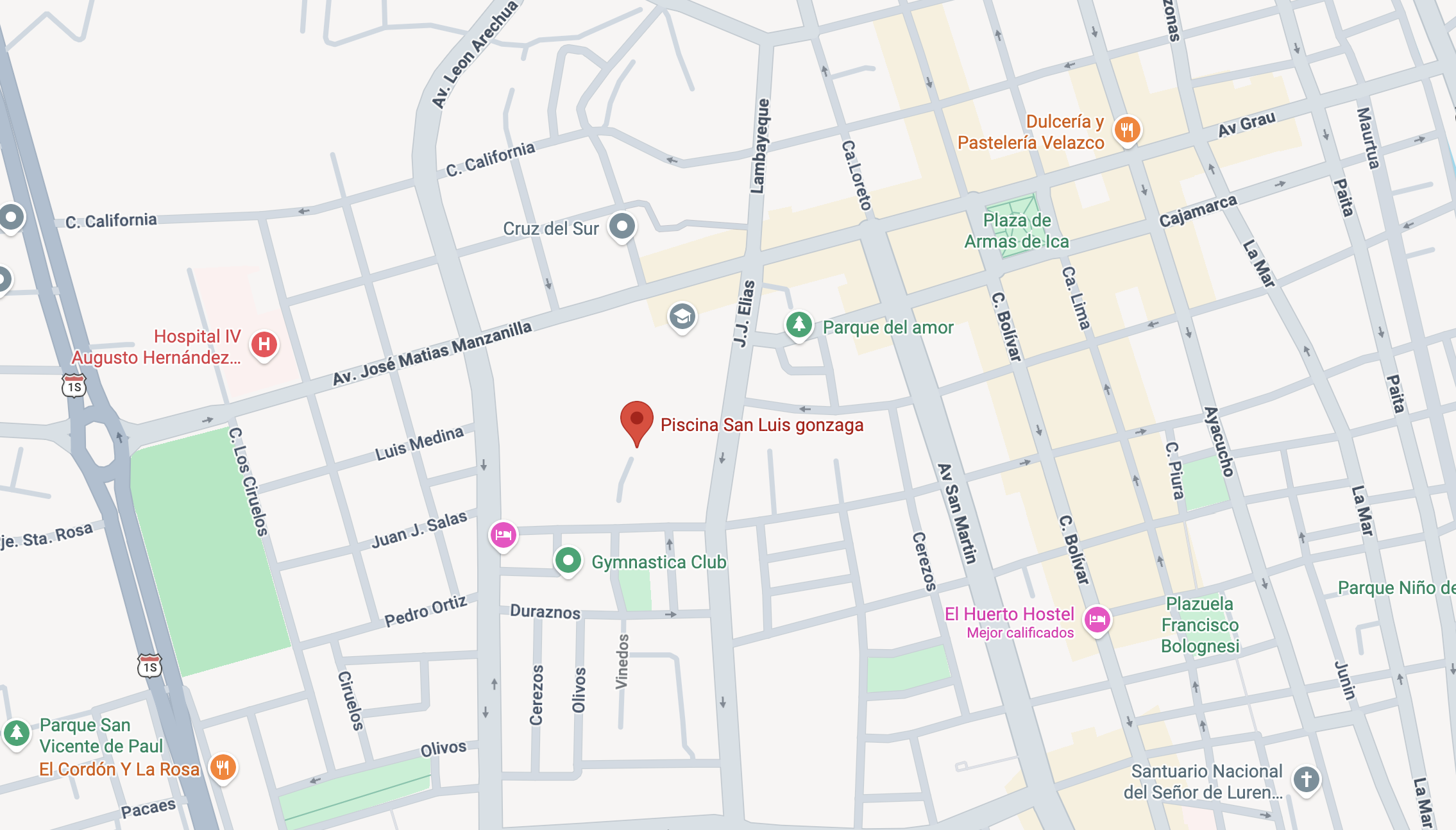 screenshot de ubicación de Piscina San Luisiana: Esquina Avenida J.J. Elias con Calle Chiclayo - Ica