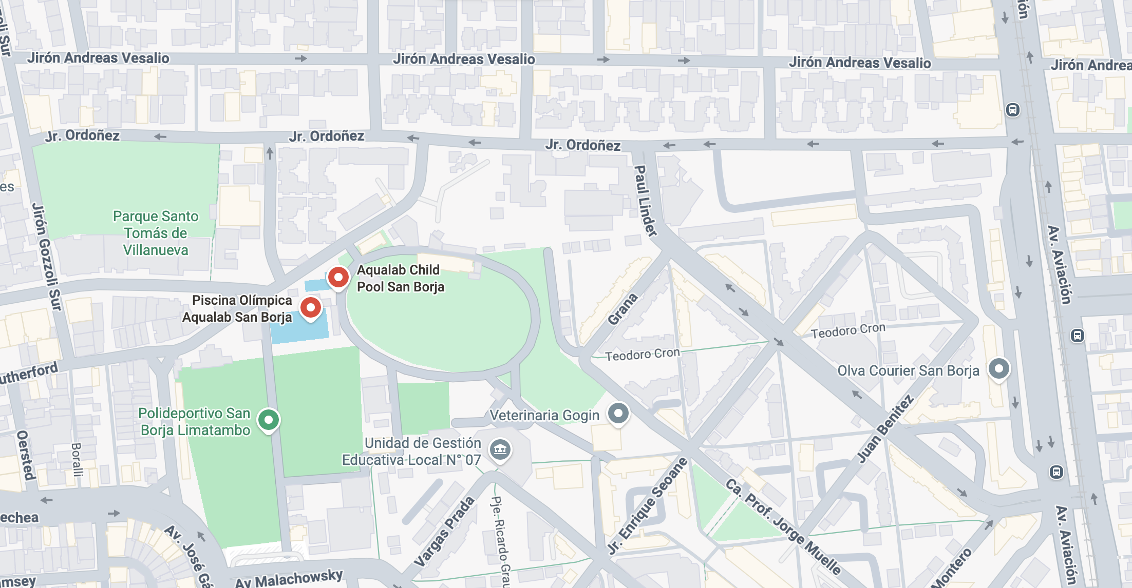 Imagen de google maps de la piscina aqualab en San Borja, Lima 