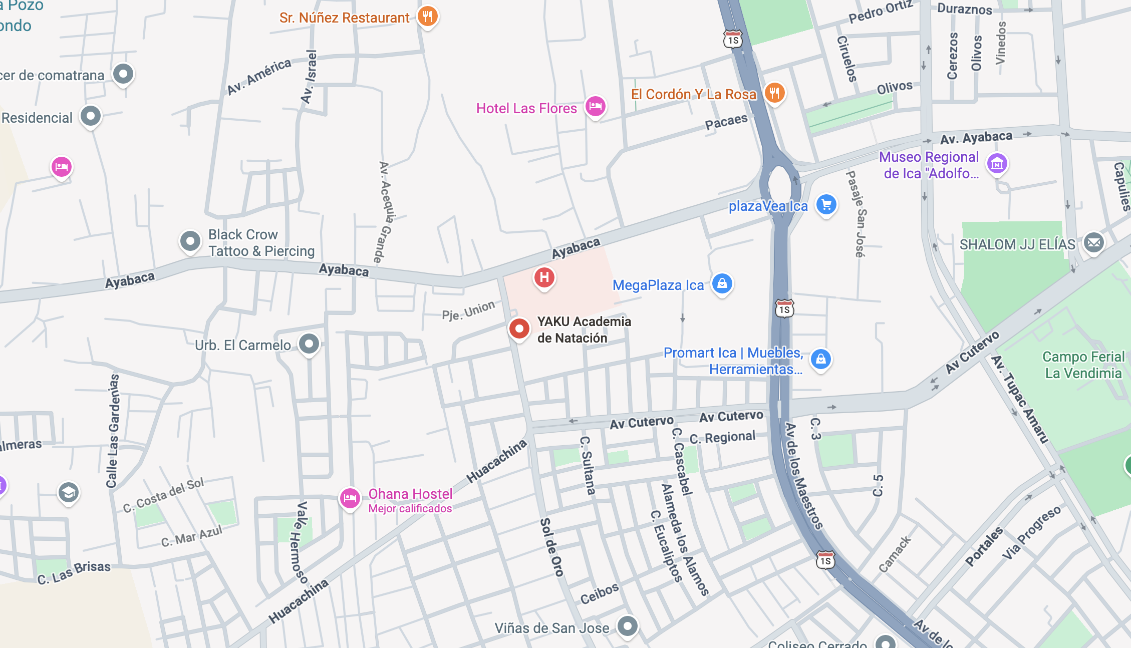 screenshot de ubicación Yaku Academia: Av. Huacachina B - 1 (Al costado de Emergencia del hospital regional)