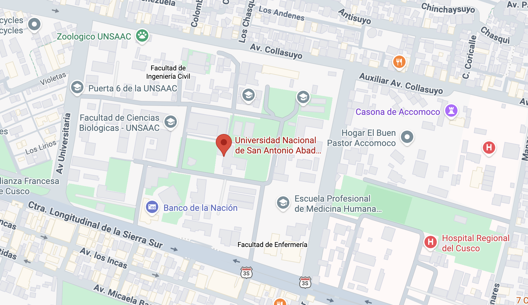 screenshot con la ubicación en maps del Campus central UNSAAC – Cusco (Av. de La Cultura 773)