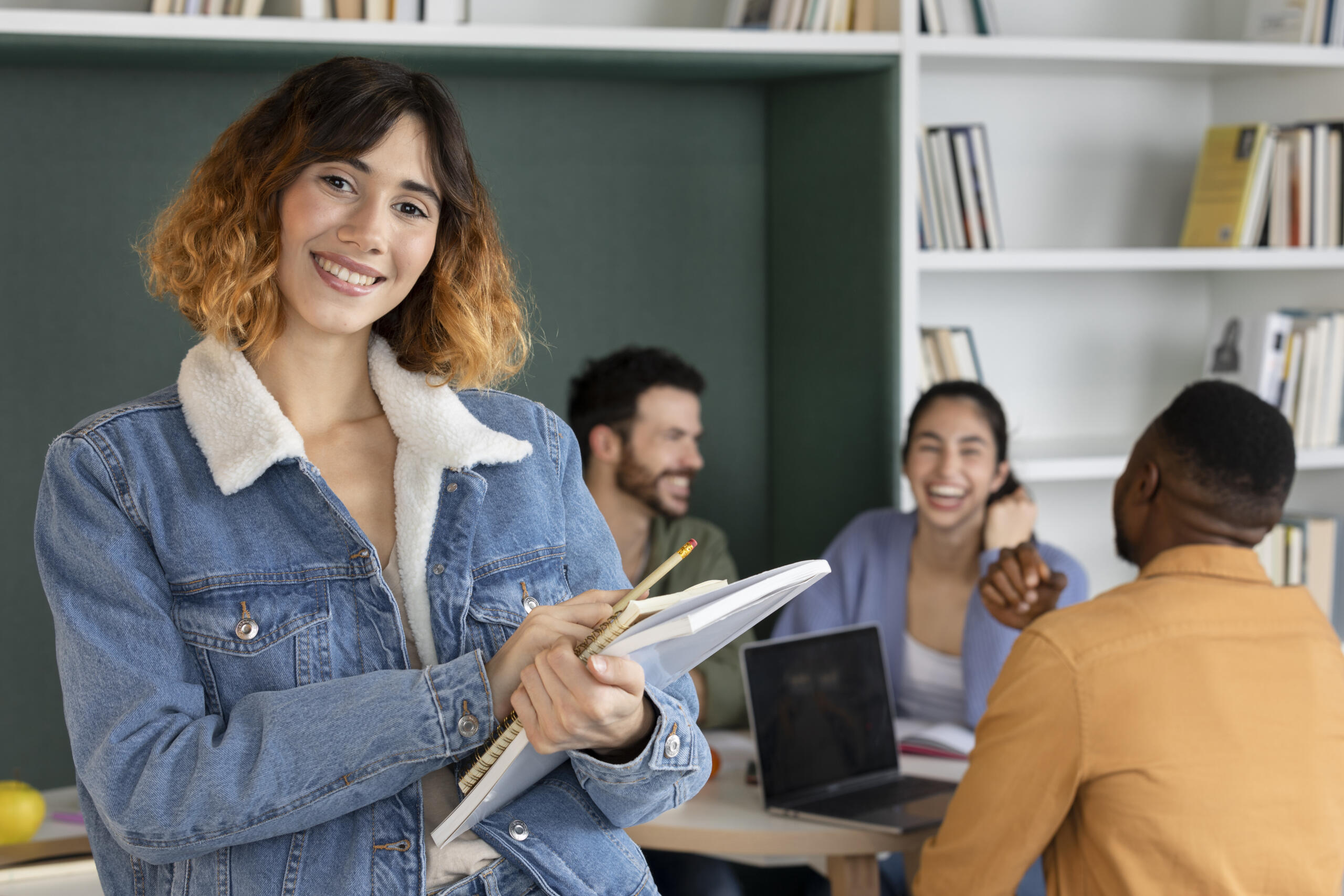 chica sonriente en primer plano sosteniendo sus cuadernos y lápiz, teniendo de fondo a tres alumnos conversando sonrientes