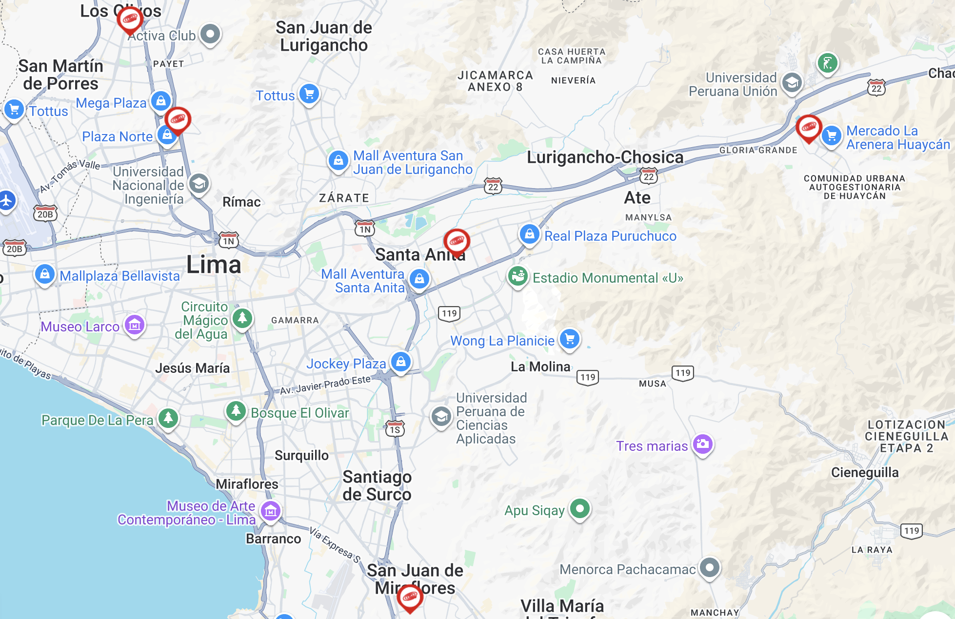 Mapa de Lima con vista de las 5 sedes de Saco Oliveros en los diferentes distritos