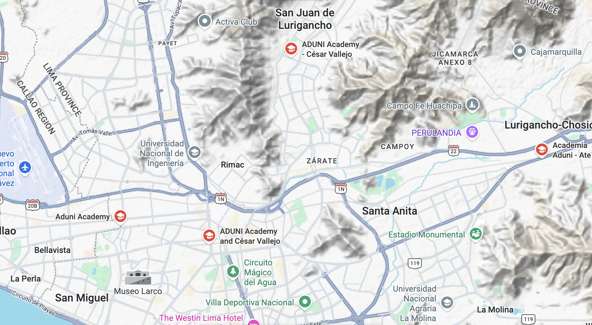 Sedes de la Academia ADUNI en Lima mostradas en google maps 