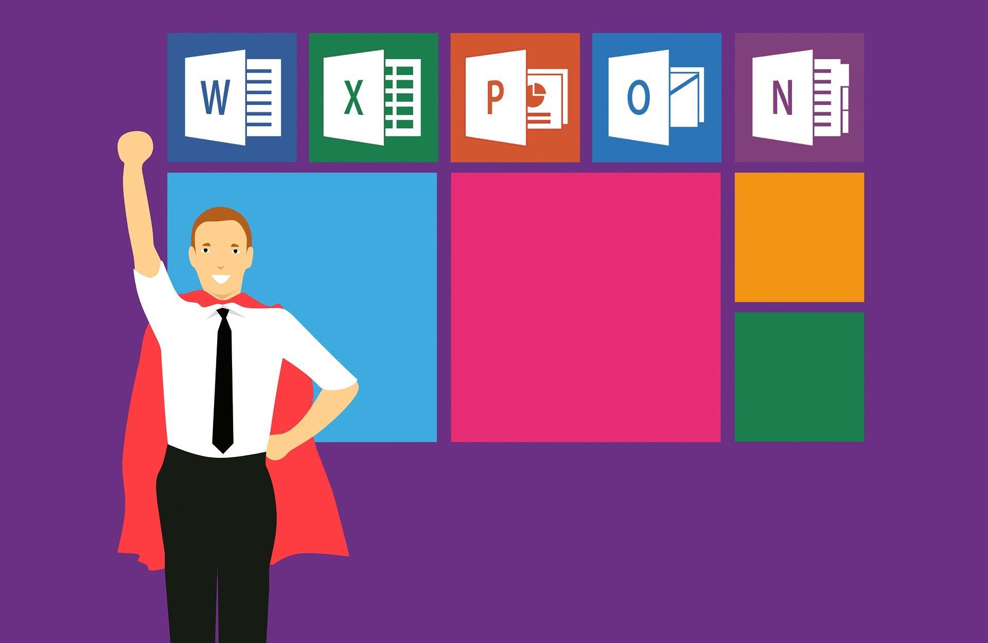 Człowiek w pelerynie pod ikonami programów z pakietu Microsoft Office.
