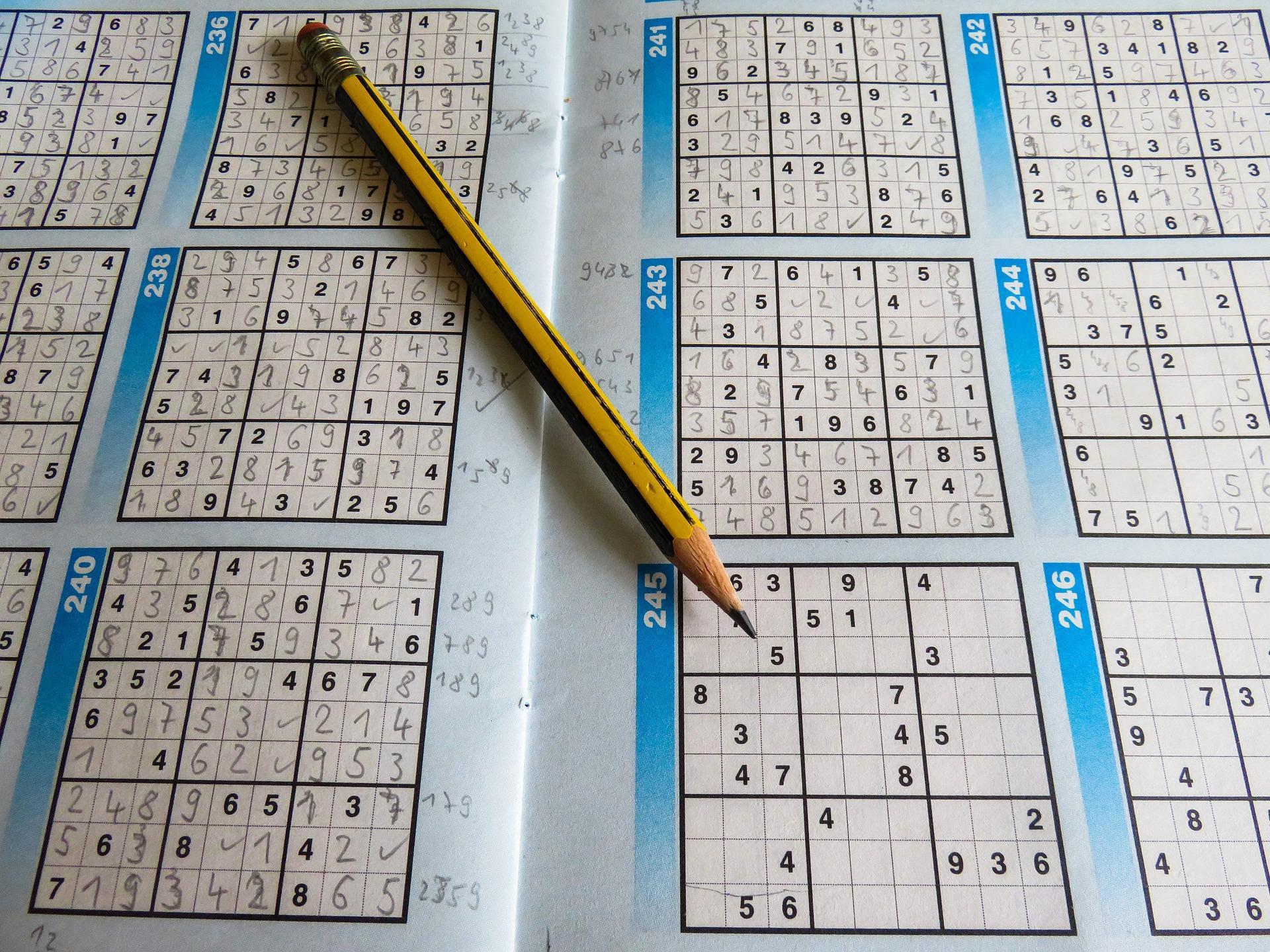 Książeczka z rozwiązywanymi sudoku, ołówek z gumką.