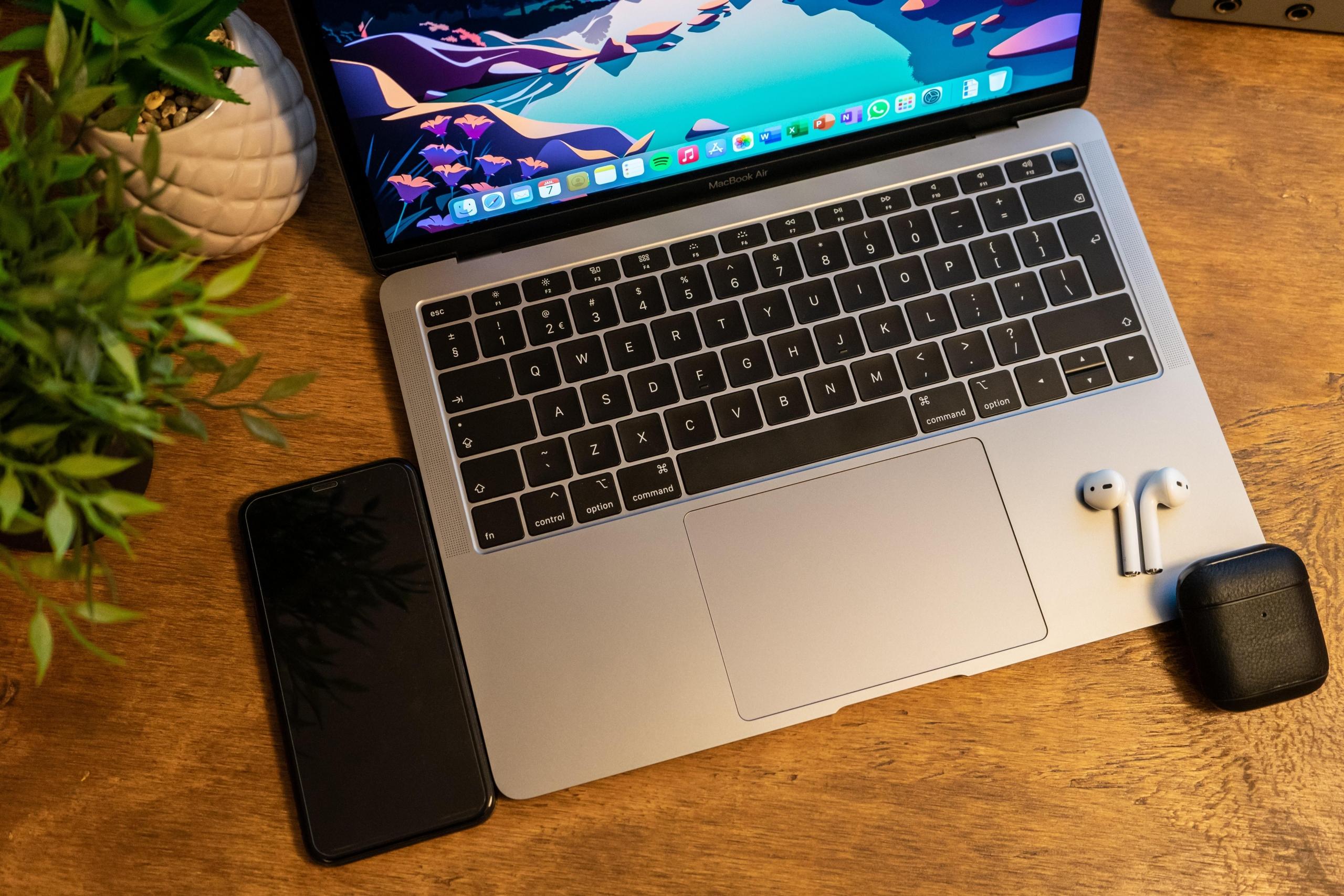 Srebrny laptop na drewnianym biurku z rośliną doniczkową.