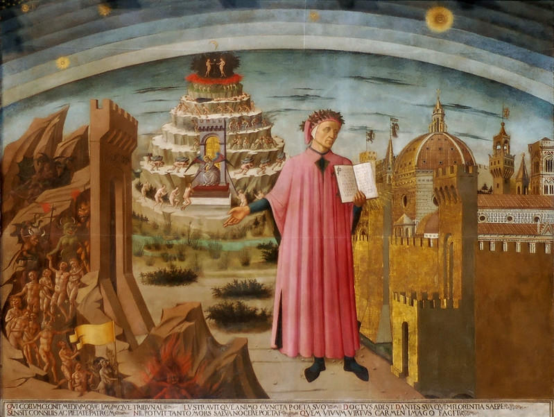 Portret Dantego, ludzie i budynki na obrazie.