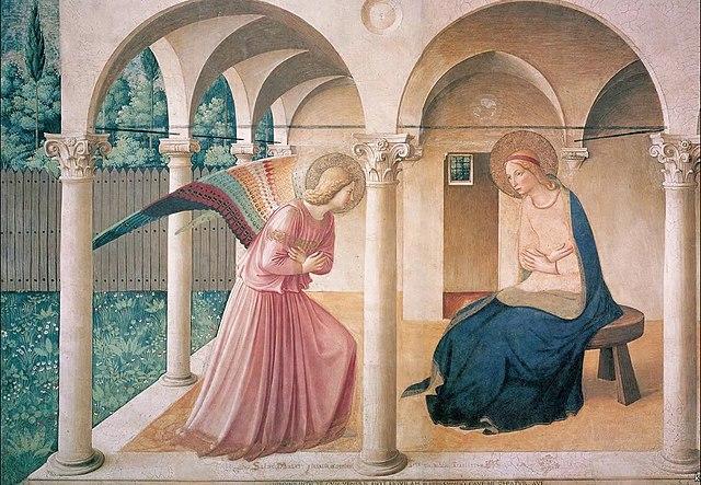 Obraz Fra Angelico, kobieta i anioł, dom z ogrodem.