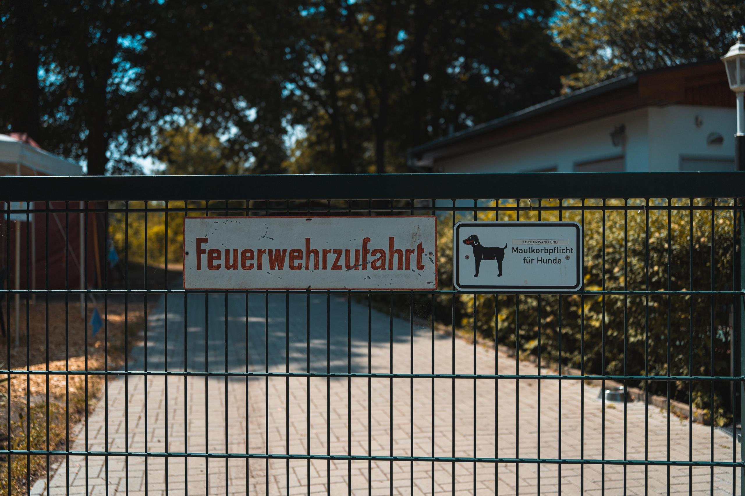 Ogrodzenie ogrodowe z niemiecką tabliczką z wizerunkiem psa, podjazd, roślinność.