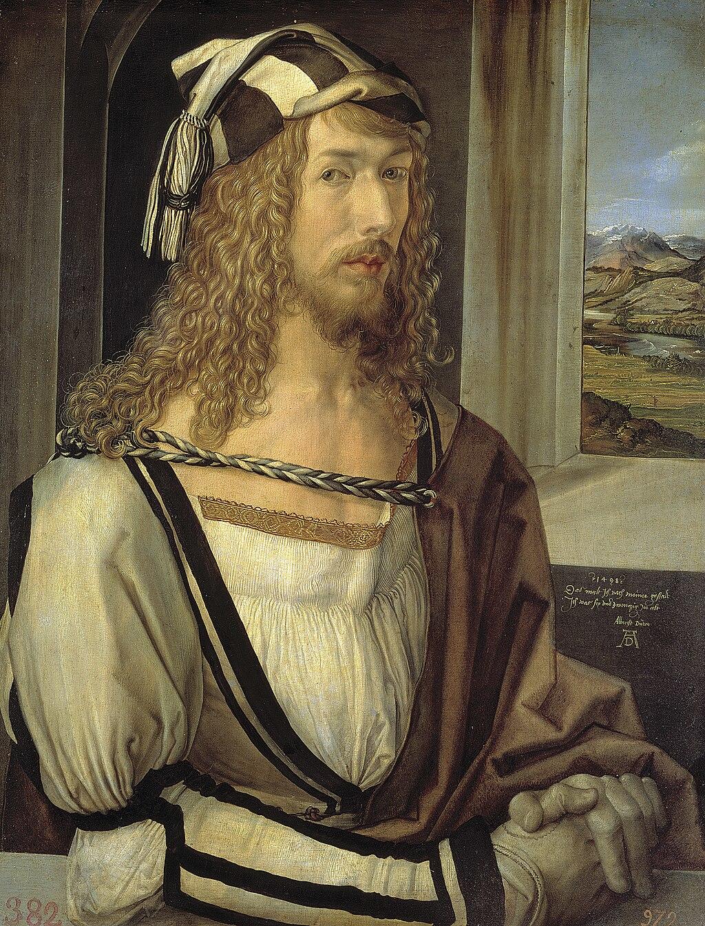 Autoportret, Albrecht Dürer, mężczyzna w białej koszuli i czarno-białej czapce przy oknie.