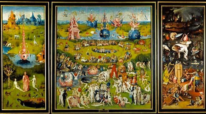 Ogród rozkoszy ziemskich, Hieronim Bosch, nadzy ludzie i abstrakcyjne budowle na trawie.
