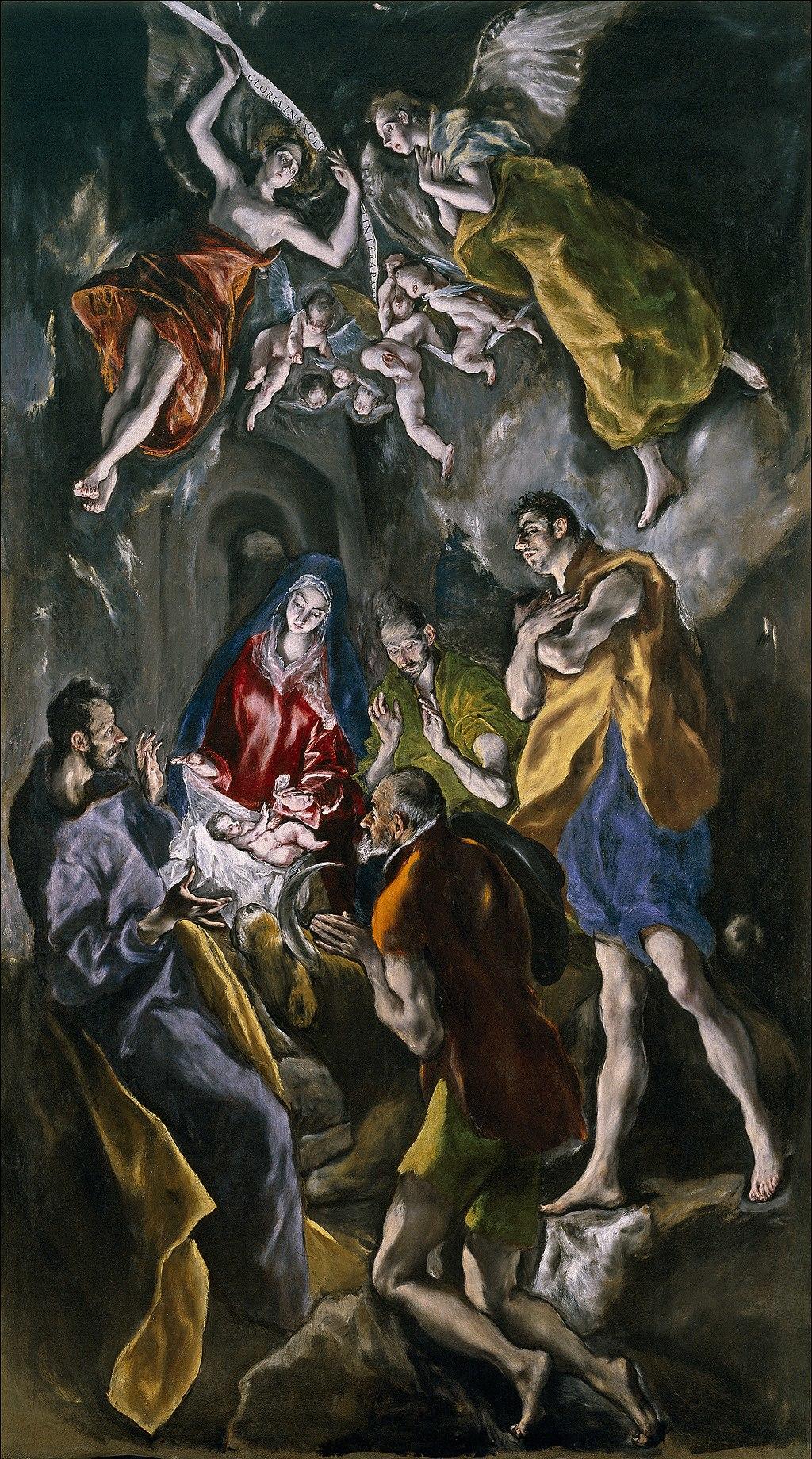 Pokłon pasterzy, El Greco, pasterze i anioły przy narodzinach Jezusa.