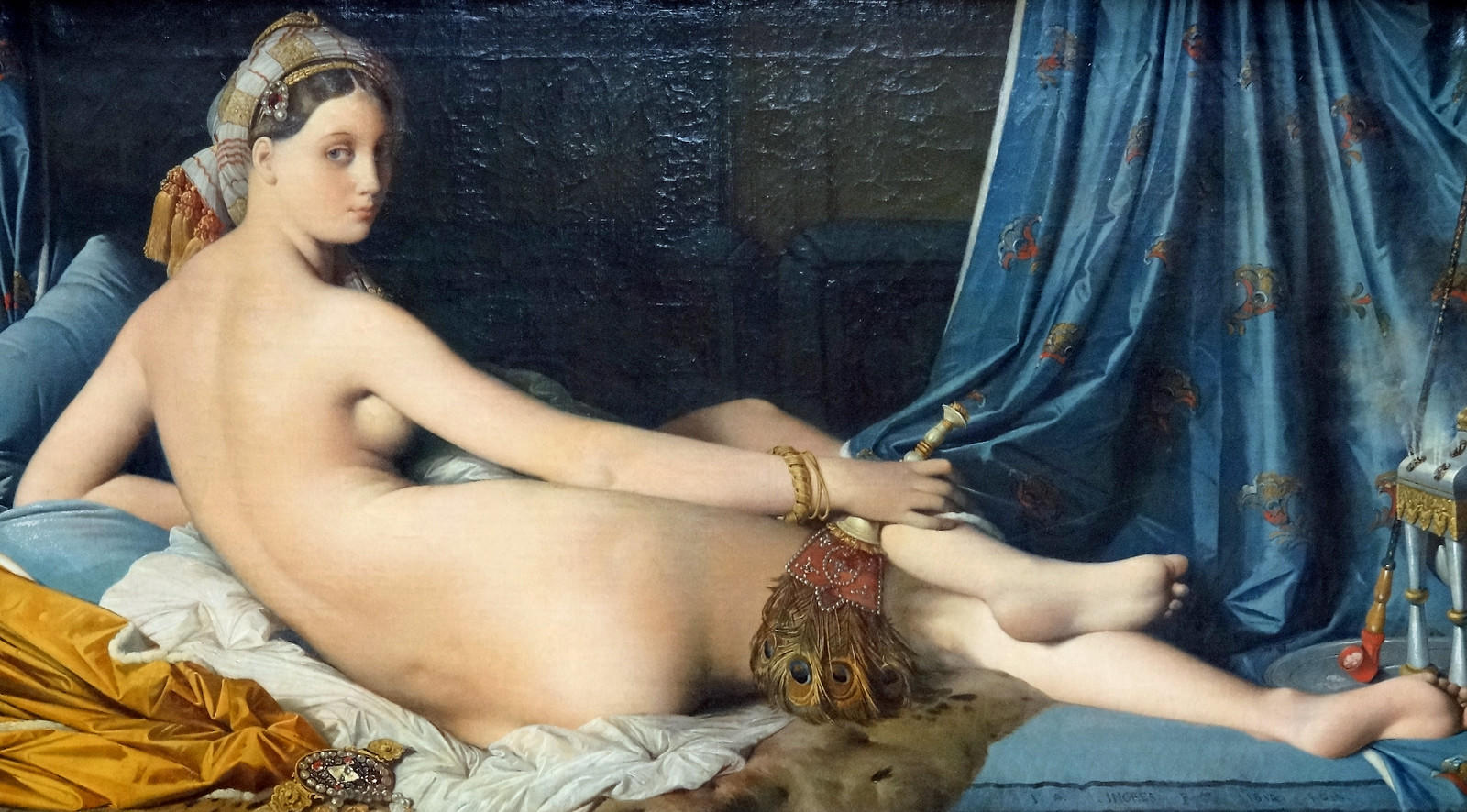 Wielka odaliska, Jean Auguste Dominique Ingres, naga kobieta z wachlarzem w turbanie na łóżku