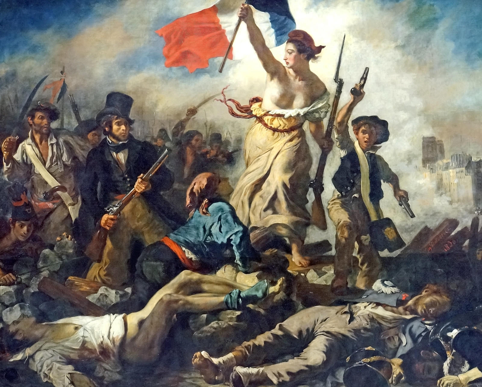 Wolność Delacroix, Eugène Delacroix, półnaga kobieta z flagą Francjimna polu walki i żołnierze.