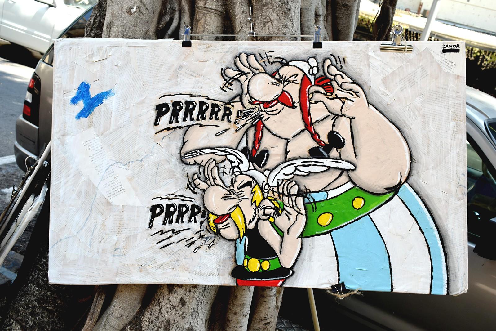Znane francuskie postacie, Asterix i Obelix, plakat, drzewo, samochód.
