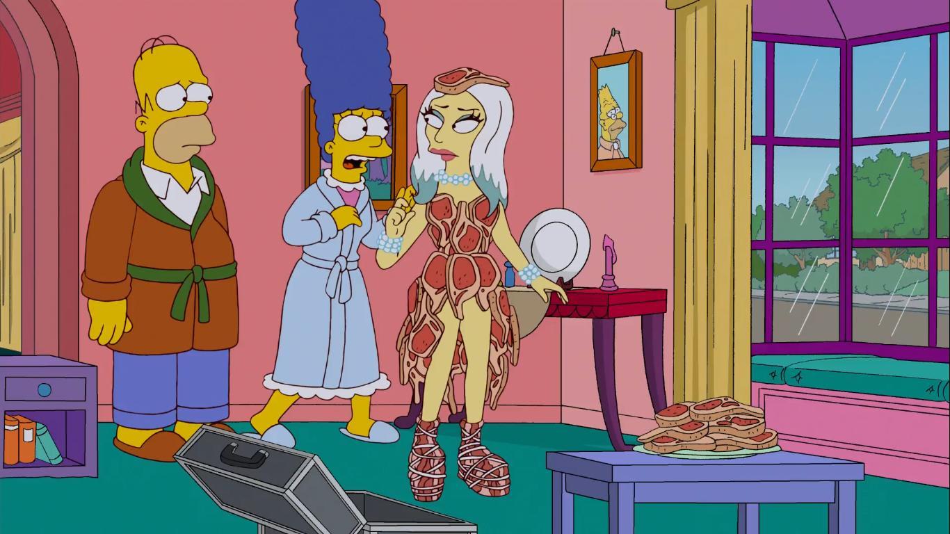kadr z odcinka bajki the simpsons z lady gagą w mięsnym stroju