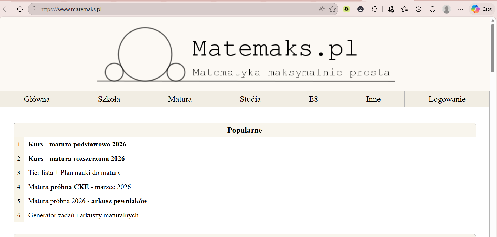 Widok strony internetowej Matemaks.pl - zawiera materiały do egzaminu ósmoklasisty i matury z matematyki.