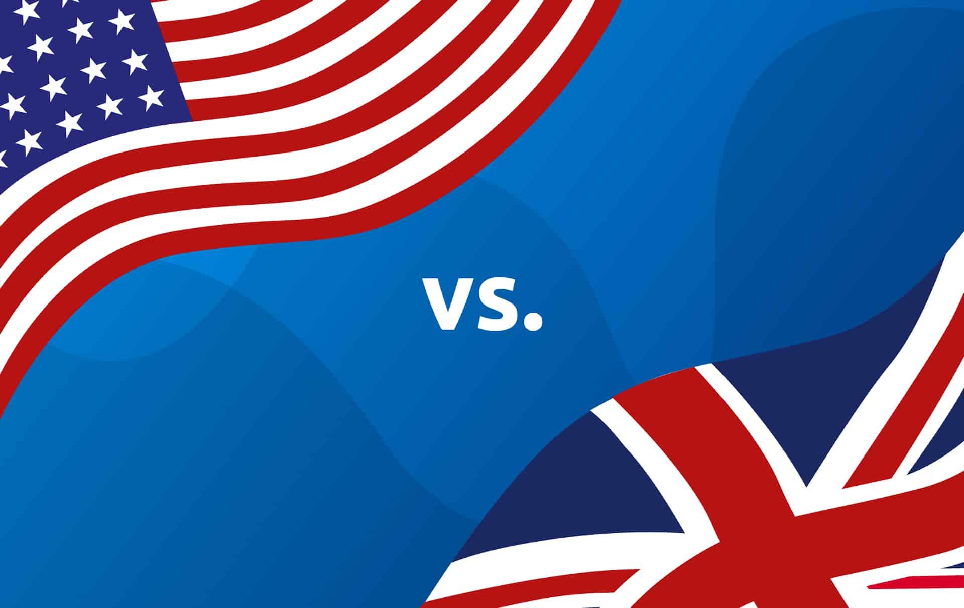 grafika z flagami wielkiej brytanii i stanów zjednoczonych ze skrótem kontra na środku