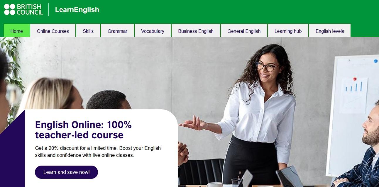 strona startowa bbc english learning ze zdjęciem osób podczas spotkania biznesowego i zakładkami odnoszącymi się do nauki języka