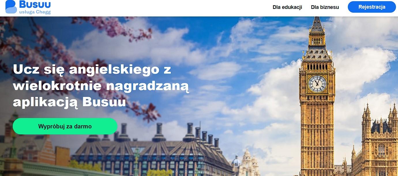 strona startowa z zakładką do nauki angielskiego busuu