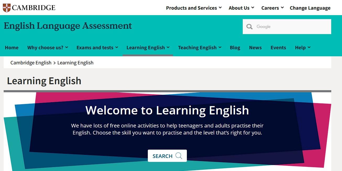 zakładka z materiałami do nauki angielskiego otwarta na stronie internetowej cambridge