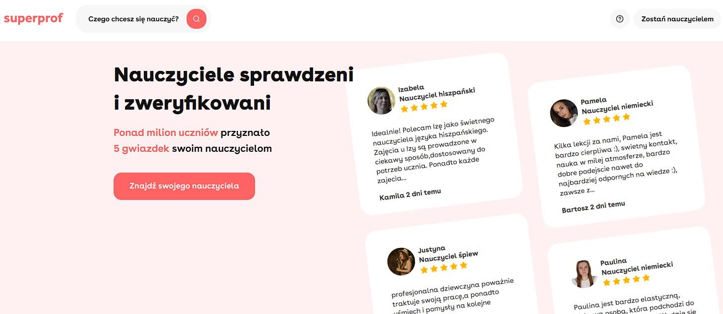 różowa strona superprof z przykładowymi opisami niektórych korepetytorów