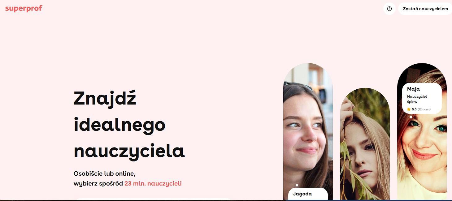 jasno różowa strona główna superprof ze zdjęciami przykładowych nauczycieli