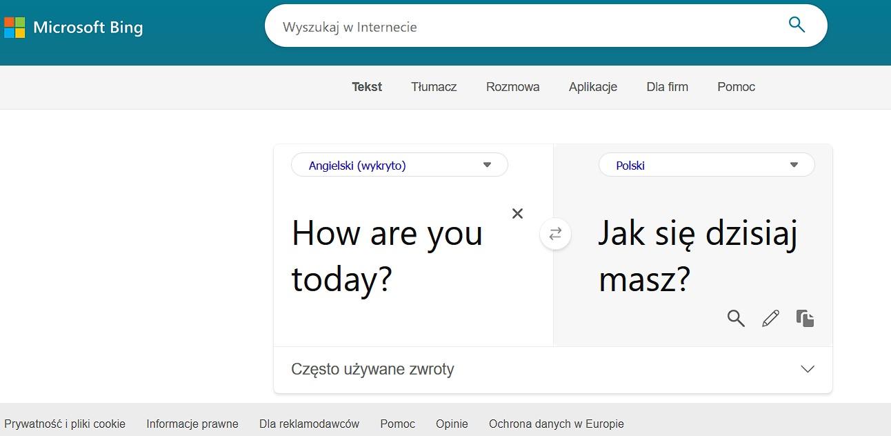 zrzut ekranu z bing translator z tłumaczeniem zdania angielskiego na polski