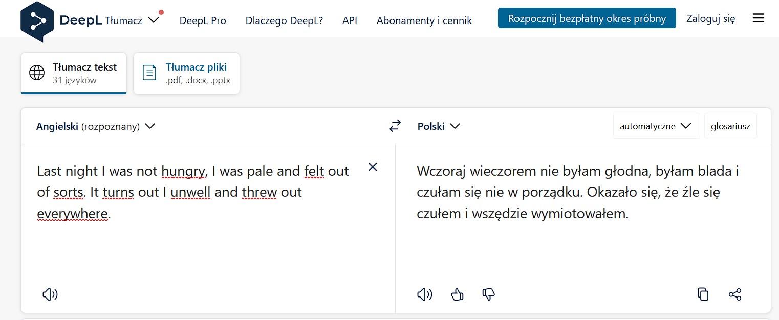 zrzut ekranu z tłumacza deepl z tłumaczeniem zdania angielskiego na polski