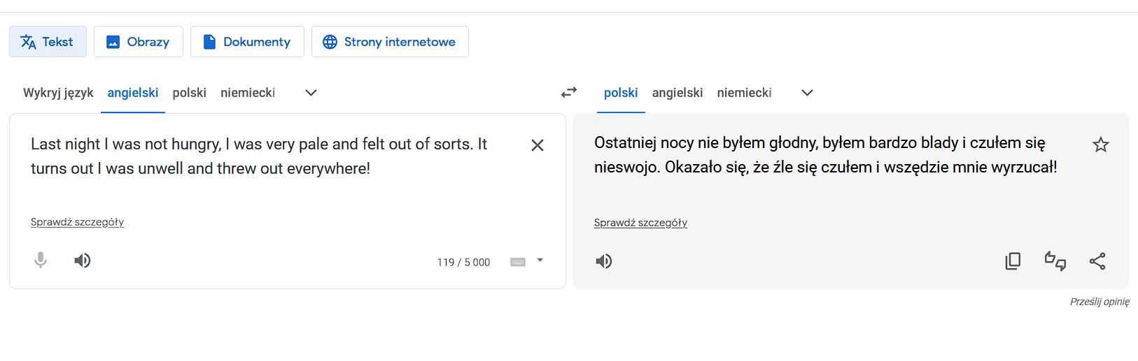 zrzut ekranu z tłumacza google przedstawiający tłumaczenie wypowiedzi z angielskiego i niepoprawnego tłumaczenia na polski