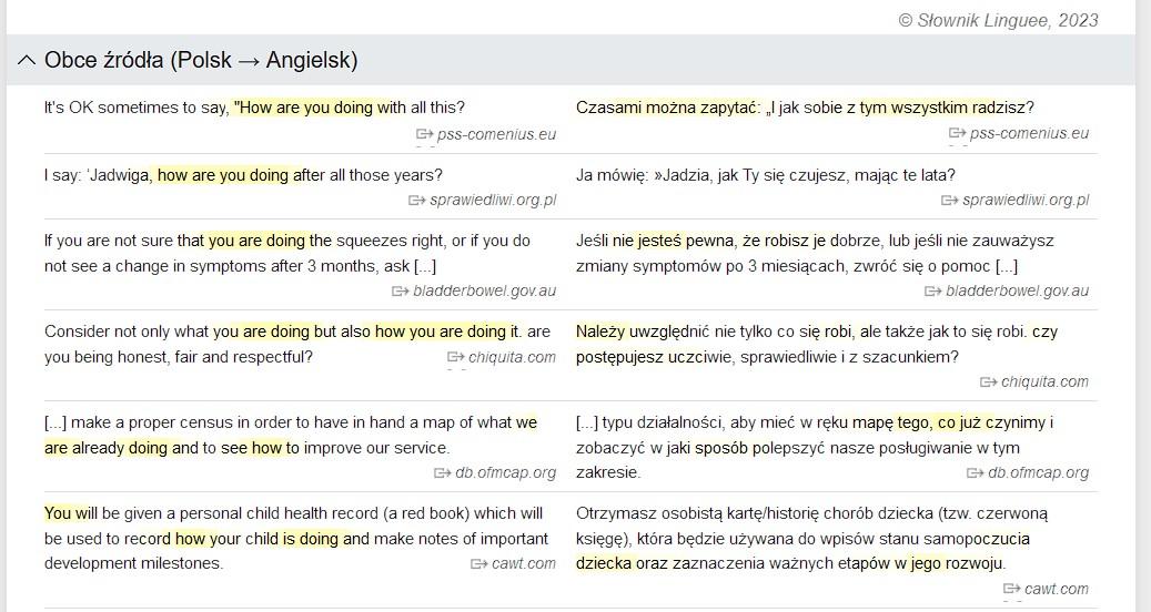 zrzut ekranu z linguee z tłumaczeniem frazy z angielskiego na polski