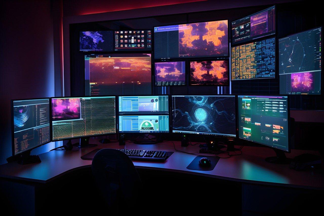 Ekrany monitorów w ciemnym pokoju, programowanie komputerowe.