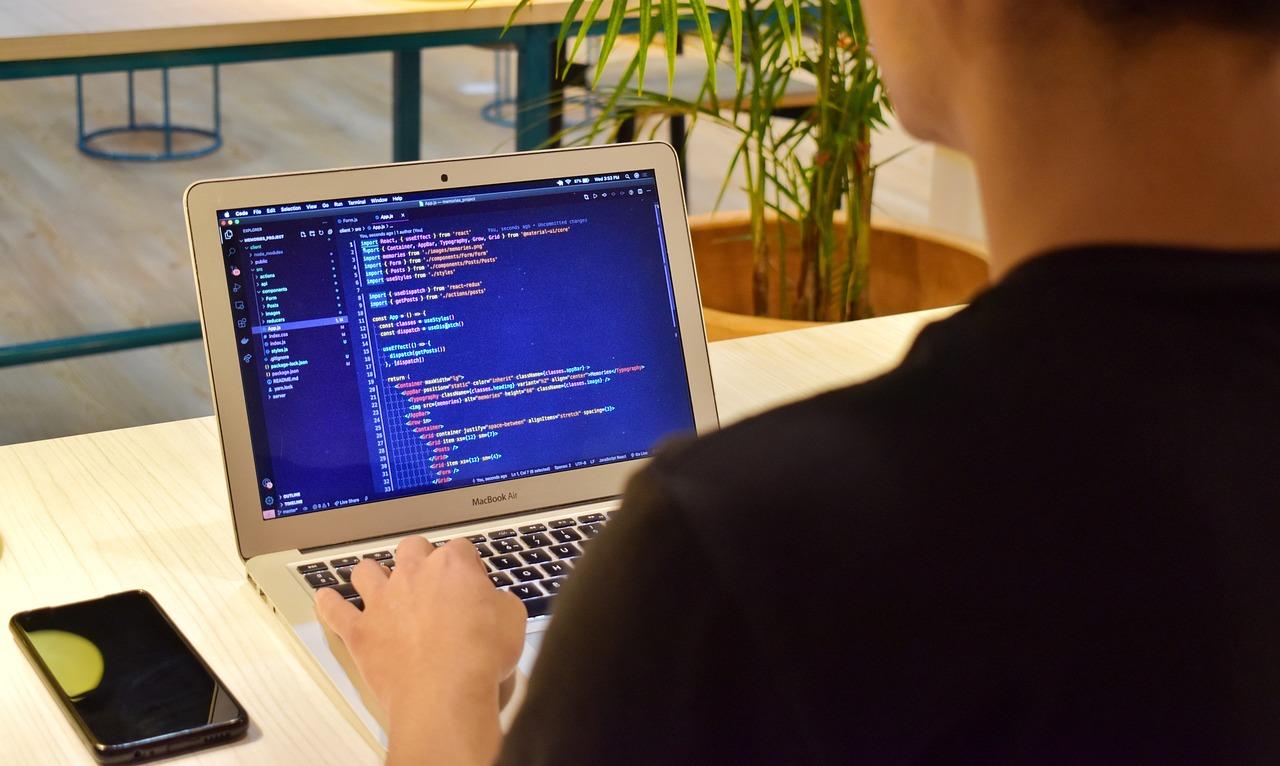 Mężczyzna przy laptopie, programowanie komputerowe, biurko, telefon, roślina doniczkowa.