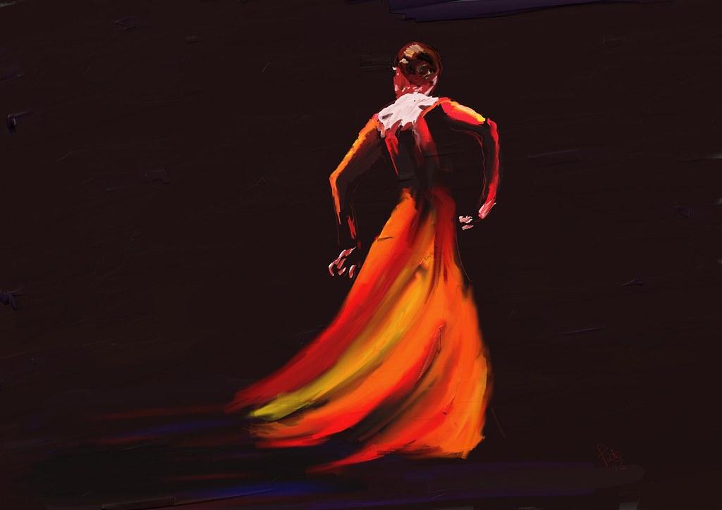 Kobieta w czerwonej sukni flamenco na czarnym tle, kobieta jest odwrócona, widać jej plecy ale nie twarz.