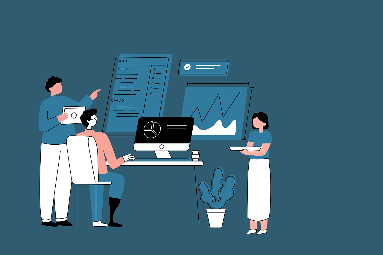 Ludzie przy komputerach, analiza danych, statystyka, wnioskowanie statystyczne, marketing.