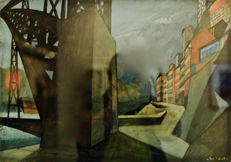 Ulica Ribeira (w mieście Porto), Carlos Calvet, obraz, pejzaż, most, domy.